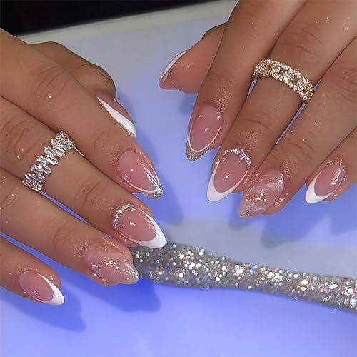 24PCS Almond Press on Nails - French Tip False Nails with Glitter & Rhinestone - Pink Stick on nails Medium - Strong Fake Nails with Glue - Acrylic Nail Tips for Women Holiday Manicure & Daily Wearing