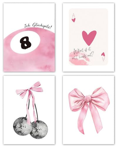 Aurelx 4 Stück Zimmer Poster Aesthetic, 25x30 cm Ungerahmte Bilder Aesthetic, Clean Girl Zimmer Deko, 4 Stile Wandposter mit Rosa Motiv, Coquette Raum Ästhetik Disco 8 Ball Wanddekoration