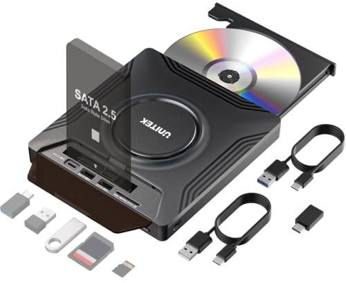 UNITEK USB 3.0 Type-C External CD DVD Drive with SATA 2.5 Port | 7 in 1 Optical Disk Drive 3 USB Ports/SATA 2.5 and SD/Micro SD Card Slots, Portable CD/DVD +/-RW Burner CD ROM