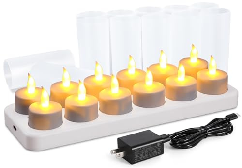 Lot de 12 bougies chauffe-plat rechargeables sans flamme avec station de charge, pour festivals, mariages, confession romantique, décoration de Noël ou d'anniversaire (piles non nécessaires) (manuel