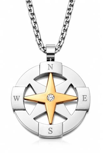 amorili Collana Uomo Rosa dei Venti con Bussola in Acciaio Inox – Ciondolo Nautico con Zircone Bianco – Catena Resistente Vari Colori – Gioiello Uomo Elegante Stile Marino Regalo per Lui