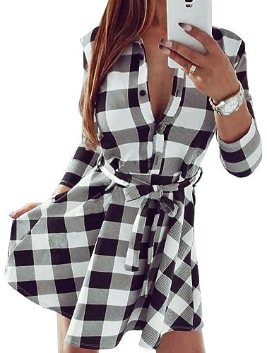 FANCYINN Robe Chemise Femme Manche Longue Robe à Carreaux Casual Hiver Tunique Blouse Mini Robe,M,Blanc
