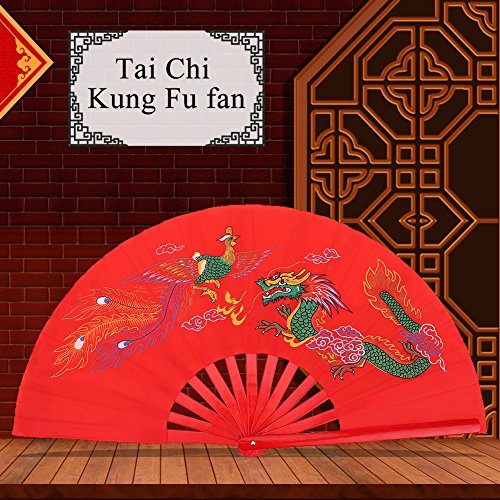 abanicos de mano,eventail Rouge,Fan de Tai Chi Kung Fu Chinois, Fan de Pliage Rouge Fan Pliant Fan de Arts Martiaux Danse de Bambou Dragon + Fan de Phoenix Pliant Replacement pour Hommes/Femmes