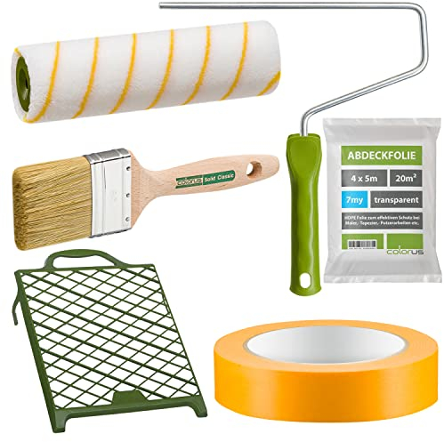 Colorus Renovierungsset 6-teilig | Farbwalze 25 cm Malerrolle für Wandfarbe | Inklusiv passendes Malerzubehör | Maler-Goldband 25 mm | Malerwalzen Steckbügel | Malergitter Malerfolie Flachpinsel