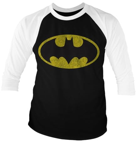 BATMAN Offizielles Lizenzprodukt Distressed Logo Baseball 3/4 Ärmel T-Shirt (Schwarz-Weiß), Medium