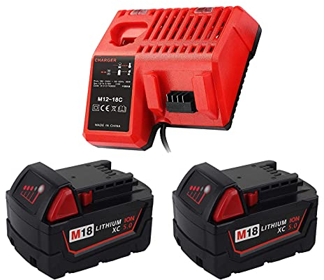 FengBP®2 x M18 18V 5.0Ah Akku für Milwaukee M18 C18B M18BX M18B4 M18B5 M18 XC 48-59-1807 48-59-1806 Rotes Ich-Ion & für Milwaukee Ladegerät M12 M14 M18 Akku-Schlagschrauber