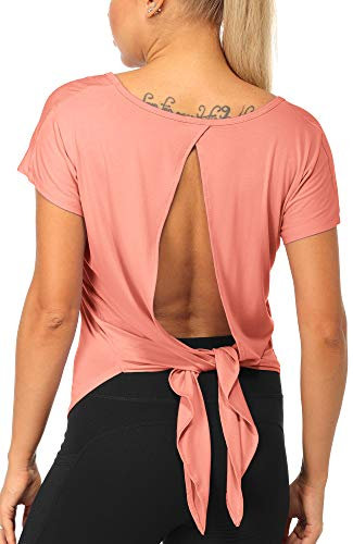 icyzone Damen Rückenfrei Yoga Top Fitness Sport Kurzarm Shirt Oberteil Casual T-Shirt Loose Fit (M, Fusion Coral)