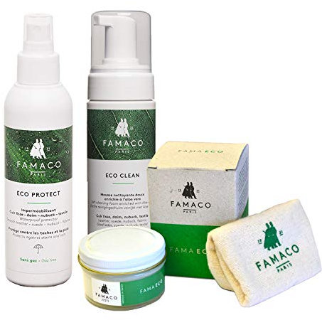 Eco Friendly Complete Shoe Care Kit and Shine Cloth contains Eco Aloe Vera Leather Cleaner, Cedar Oil Conditioning Gel and Eco Pump Waterproof Protector
