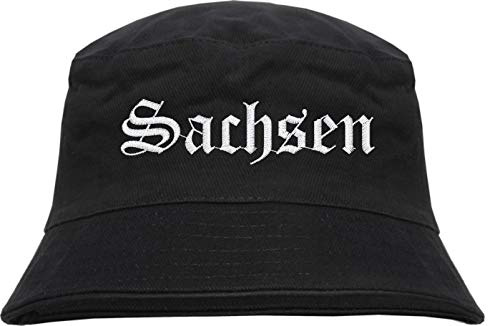 HB_Druck Sachsen Fischerhut - Altdeutsch - Bestickt - Bucket Hat Anglerhut Hut Schwarz L/XL