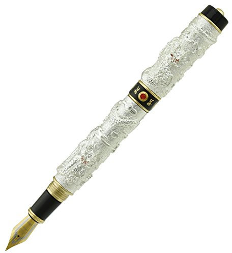 Jinhao Dragon Füllfederhalter, mittlere Feder, Silber und Schwarz, 3D Double Dragon Playing Pearl Embossed Barrel Ink Pen with Pen Bag