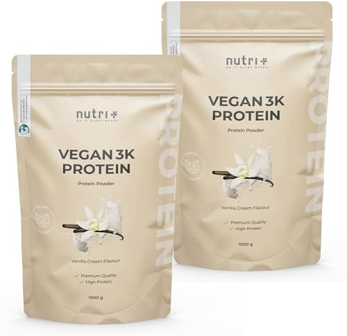 Nutri + Protein Vegan Vanille 2 kg 81% Eiweiß - 3k Proteinpulver 2000 g - Vanilla Cream Flavor Shake - pflanzliches Eiweißpulver ohne Zucker + Stevia