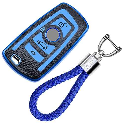 KASER Coque Clé en Silicone Compatible pour BMW Serie 1 3 5 7 X1 X3 X4 X5 X6 F30 E30 Etui Porte-clés Effet Cuir Protection Télécommande Voiture Keyless (Bleu)