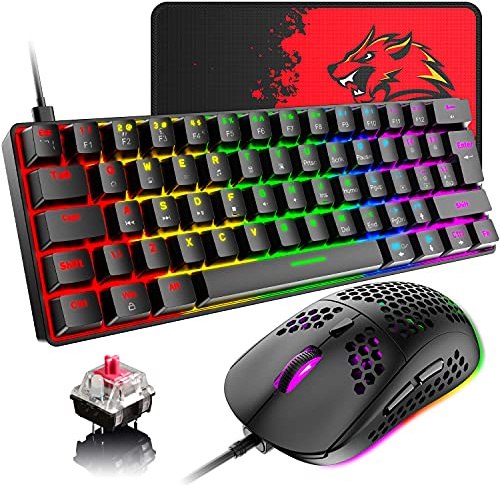 60 % kabelgebundene mechanische Gaming-Tastatur und Maus-Kombination, ultrakompakte Mini-62 Tasten, Typ C, 6400 dpi, leichte Gaming-Maus mit Wabenhülle für PC/Mac