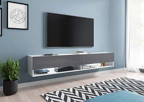 TV-Möbel, 180 cm, Fernsehschrank, Grau/Weiß glänzend