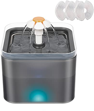 Trinkbrunnen für Katzen Hunde, Ultraleiser Haustierbrunnen 2L Automatischer Wasserspender mit LED-Licht Blumentrinkbrunnen enthält 3 Aktivkohlefilter