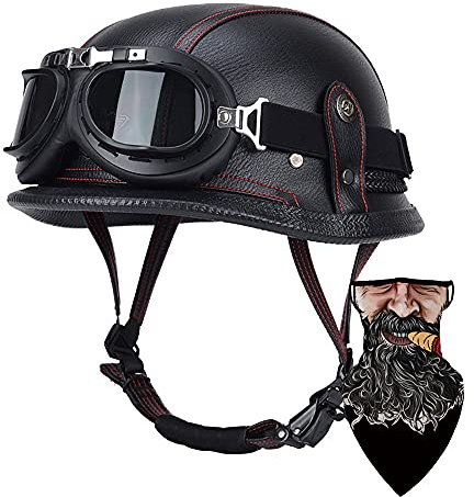 Motorcycle German Leather Half Face Helmet,100% DOT /ECE Approved Cap Half Shell Helmet+Goggles Retro Open-Face Helmet with Adjustable Quick Release Buckle for Cruiser