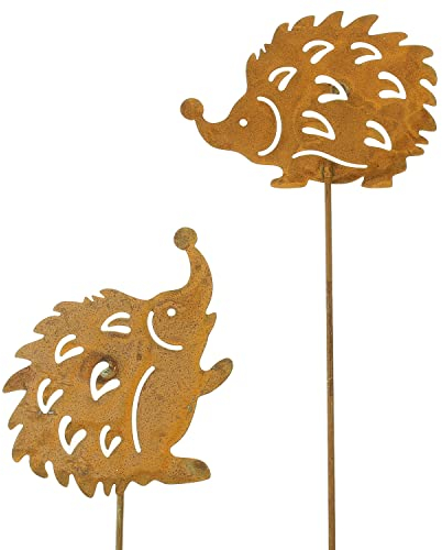 MACOSA PO570321 Gartenstecker Igel 2er Set Rost 20 cm Rostig Echtrost Beetstecker Garten-Dekoration Figur Dekofigur Edelrost Gartendeko Blumenstecker Dekoigel