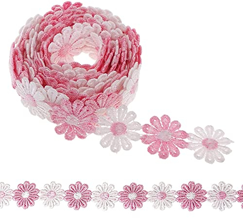 XCSJ 5 Yard 25mm Blumen Spitzenband Spitzenborte Stickerei Dekoband Zierband Borten Bänder Blumenband Gänseblümchen Dekoband Spitzen Spitzenborte Für Hochzeit Deko Handwerk Nähen Deko (rosa,weiß)