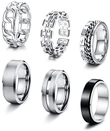 KALVICA 6 Stück Herren Ring Edelstahl Ring Set Wikinger Runen Kette Ring Ring offen Größe 54-70