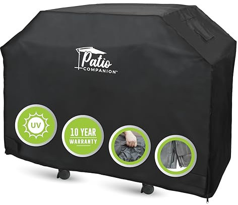 Patio Companion Premium, 58 Inch BBQ Grill Cover, 10 Year Warranty, Heavy-Grade UV Blocking Material, Waterproof and Weather Resistant, Gas Grill Cover for Weber, Broil King, Etc. Black.