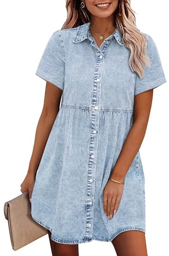 GRAPENT Country Concert Outfits for Women Baby Blue Homecoming Dress Mothers Day Beach Vacation Short Spring Dress Denim Shirt Dress Knee Length Roadknight Blue Size Medium