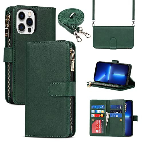 Cavor Crossbody iPhone 13 Pro Max Case With Card Holder With Strap,Flip Leather Wallet Case,[9 Card Holder] Zipper Detachable Lanyard Phone Case Cover for Women for iPhone 13 Pro Max - Dark Green