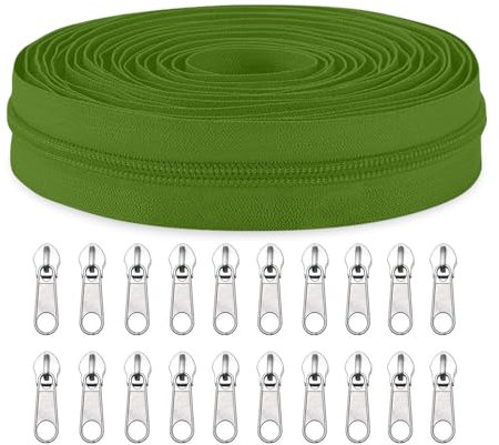Sawoake The Yard - Cerniere a spirale in nylon, 9,1 m, con 20 cursori per cerniera, per fai da te, cucito, sartoria, borse, indumenti, tessuti per la casa, colore: verde oliva