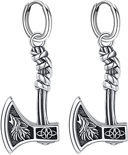 Wikinger Ohrringe Herren Silber 925 Wikinger Axt/Wolf Ohrstecker Viking Axt Ohrhänger Wikinger Wolf Ohrringe Schmuck für Herren Männer Jungen