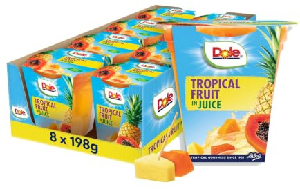 DOLE Tropical Fruit in Juice Pots 8x198g Fruit pieces in fruit juice | No Added Sugar, Fruit snack, Utensil included