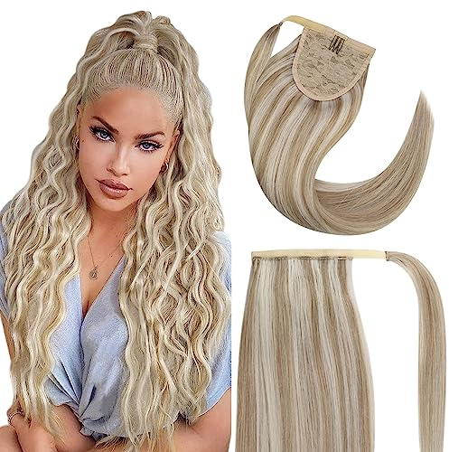 Fshine Zopf Echthaar Extension Ponytail Aschbraun Highligh Platinblond 30cm 70g Echthaar Pferdeschwanz Extensions Clip in Ponytail Haarteil Farbe 8P60