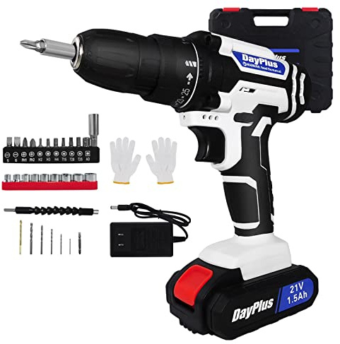 Cordless Drill Driver 21V 1500mAH Li-ion Battery with Charger, LED Work Light, 2 Variable Speed 25+1 Torque Setting, 45N.m, Lightweight Compact Drill Tool Kit with 29Pcs Accessories and Carry Case