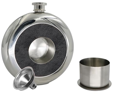 CNFLASK 5oz Round Hip Flask With Build-in Insertable Cup & Funnel (5oz, Black)