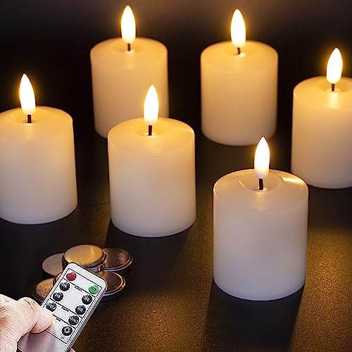 Mavandes 5x5.5cm Battery Operated Tea Lights Candles with Remote,Ivory Flameless LED Tealights Candles,Real Wax Pack of 6 Flickering Fake Small Timer Votive Candles(CR2450 Batteries Included)