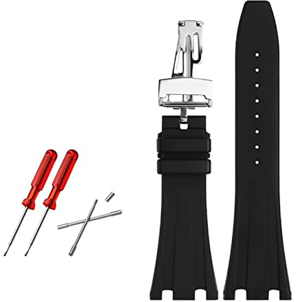 REFKIT Gummiarmband 28 mm Armband for AP for 15703 for 26470SO for Royal for Oak Offshore Herren Sportarmband(Black silver buckle)