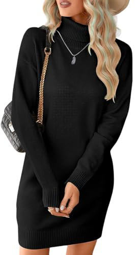 JFAN Robe Femme Hiver Robe Pull à Col Montant Mi Longue Casual Femme Robe Élégante en Tricot Noir M