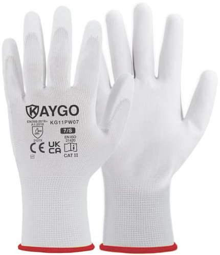KAYGO Arbeitshandschuhe für Herren Damen 12 Paar, PU beschichtet Schutzhandschuhe, antirutsch Grip an Handflächen und Fingern, Geeignet für allgemeine Arbeit Lager DIY, KG11P (Weiß, S, Gr 7)