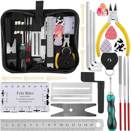 Juego de 26 herramientas de reparación de guitarra: HOMURY Guitarra Mantenimiento Set de limpieza Set completo incluye llave hexagonal, organizador de cuerdas, kit de herramientas para guitarra, bajo,