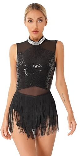 Freebily Damen Tanzkleid Glitzer Fransen Latein Salsa Kleid Ärmellos Pailletten Tanzbody Ballett Leotard Quastenrock Ballsaal Tanzkostüm Schwarz M