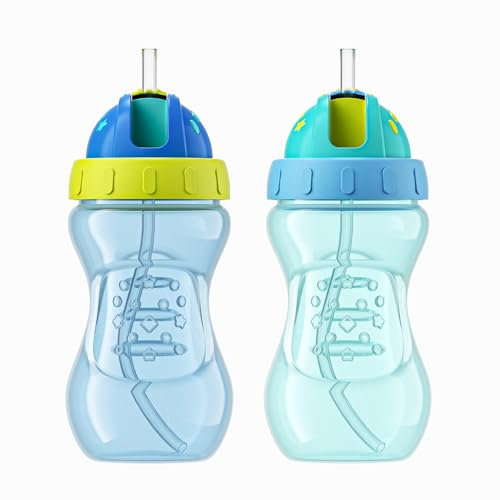 YOHKOH Paquete de 2 vasos antiderrames con popote flexible, 10 onzas (verde/azul)