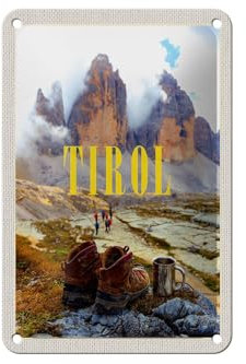 Cartel de chapa de viaje 12 x 18 cm Tirol senderismo zapatos bebida fría cartel
