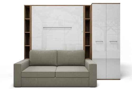 MAXIMAHOUSE Schrankbett vertikal mit Sofa, 2 Regalen und Kleiderschrank, Invento LED 140V mit Lattenrost aus Holz, Wandklappbett 140x200 modern Design (Eiche Country/Weiß Glanz + beiges Sofa)