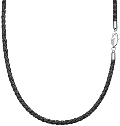 Viwind Lederkette Geflochten Kunstleder Halskette Edelstahl Verschluss 3mm breit Damen Herren Kette für Anhänger charm 45-60cm wählbar DIY Lederschnur (50cm, Schwarz-4mm)