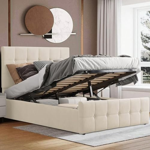Ottoman Storage Bed with Mattress Included, Velvet Double Bed Frame, Upholstered Gas Lift Up Bed Frame with Storage, Ottoman Storage Bed with Wooden Slats, (4ft6 Beige Double)