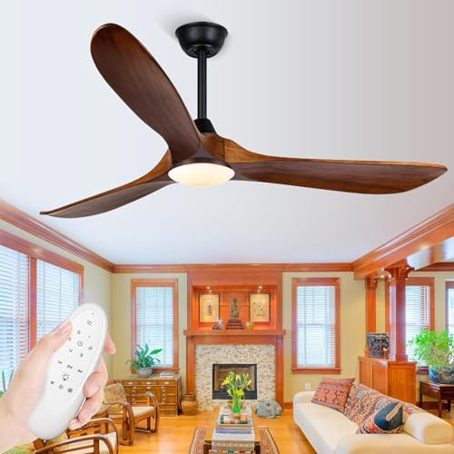 Ventilador de techo para exteriores de 152cm con luz, ventilador de techo de madera vintage con control remoto, ventilador de techo de hélice de 3 aspas, apto para uso en interiores y exteriores