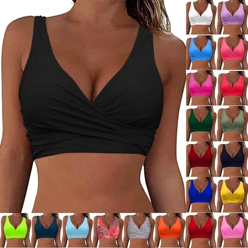 Bikini Oberteil Große Brüste Damen Push up Bikinioberteile Rückenfreies Bikinioberteil Bikini BH Top V Ausschnitt Badeanzug Bademoden Verstellbar Swimsuit Bra Sport Bikini (01-Black, XXL)
