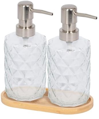 Harbour Housewares 2 Piece Prism Glass Soap Dispenser Set with Bamboo Tray - 330ml Diamond-Cut Refillable Bottles with Chrome Pumps - Bathroom and Kitchen Accessories for Hand Wash or Lotion