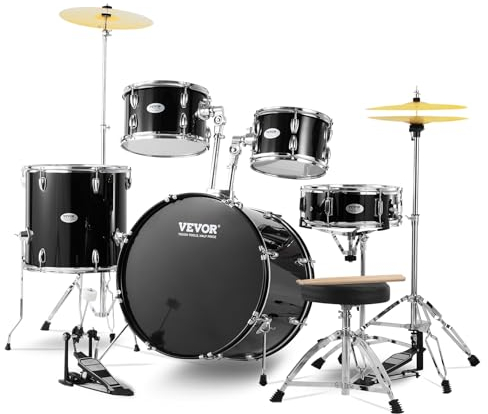 VEVOR Kit de batterie pour adulte, 560 mm, batterie complète débutant pleine grandeur, 5PCS, basses toms, caisse claire, siège, supports, cymbales charleston, baguettes, instruments de musique, noir