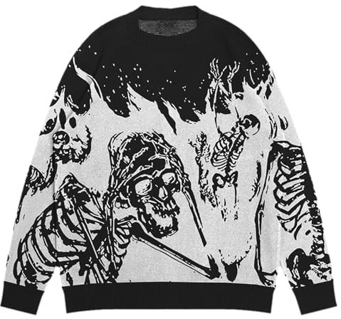 Men's Autumn And Winter Wacky Print Knit Casual Style Crew Neck Sweater Coat Rack Freestanding with Umbrella Holder Men's Casual Striped Sweater Top Rip Long Sleeve (Black, XL)