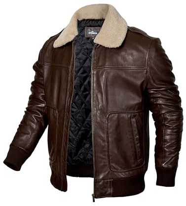 STREGA Mens leather jacket Genuine Lambskin Bomber Jacket men Brown with Removable Sherpa Collar– Premium Leather jacket men (US, Alpha, Medium, Regular, Regular, Brown)