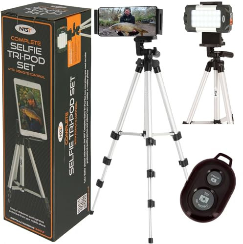 NGT Anglers Selfie Tripod with Bluetooth Remote – Universal Mount for Phones, Tablets & Floodlights, Adjustable Height 102cm, 360° Rotation, For Carp Fishing Photos & Night Light